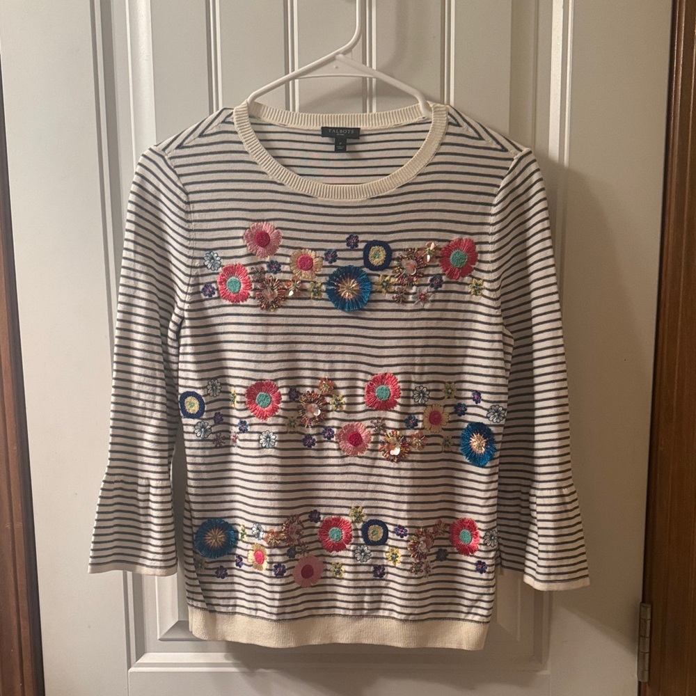 Talbots White and Black Striped Sweater